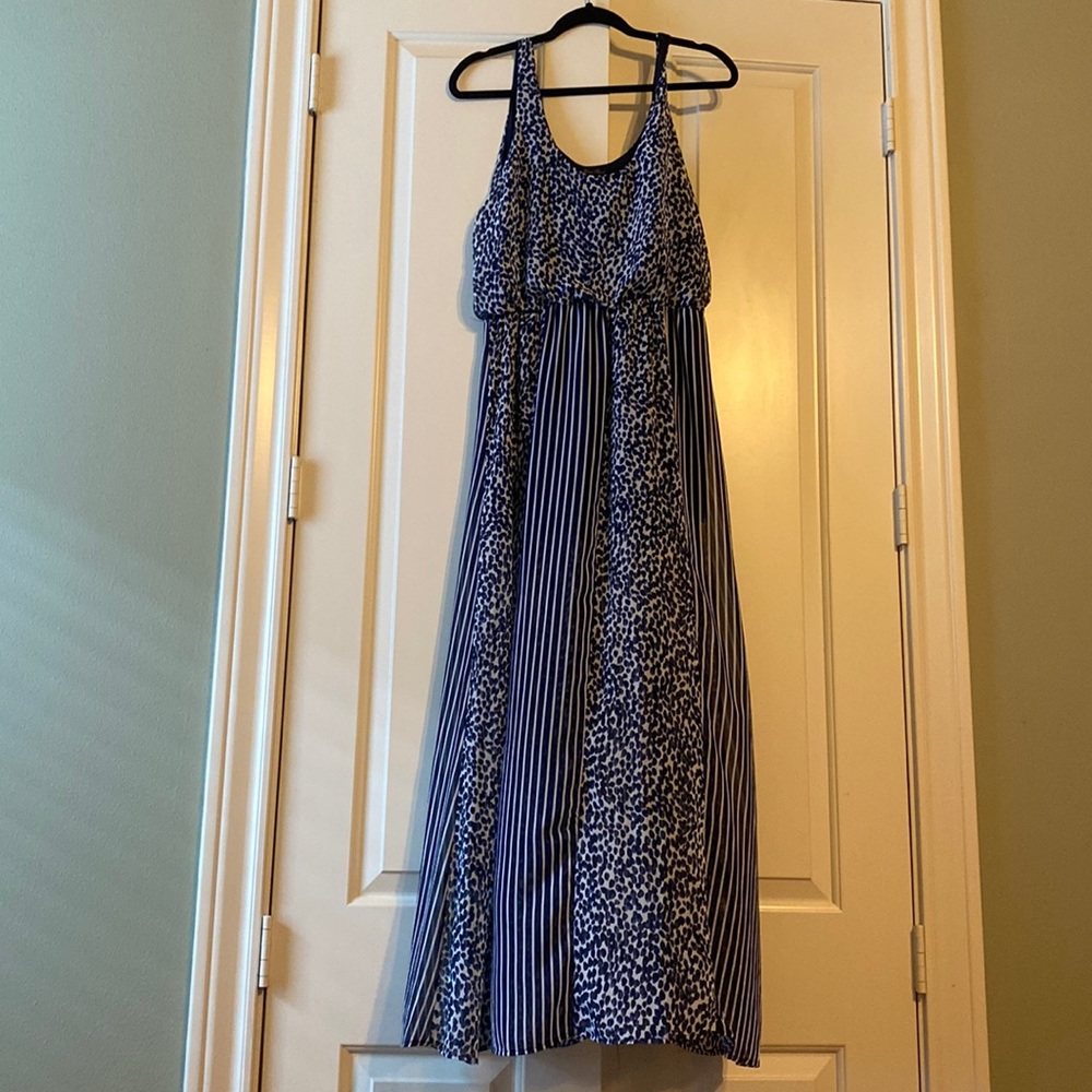 Blue and white leopard and strip maxi